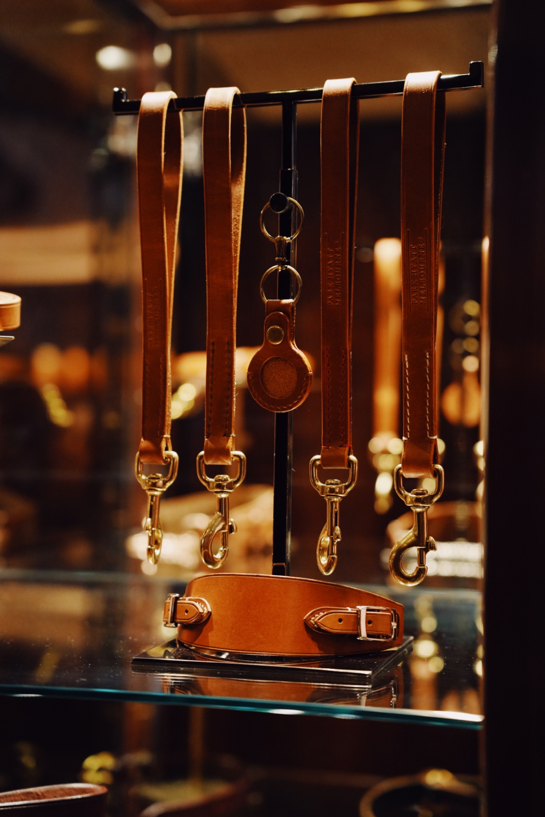 Prestige Collection leather leads with brass hardware on display rack